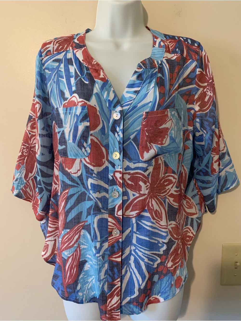 Ruby Rd. Red & Blue Floral Button-Up Blouse
